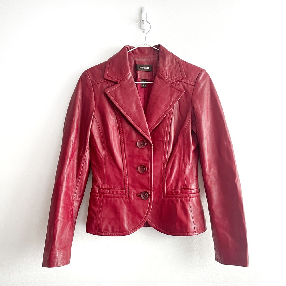 Danier Red Leather Wide Collar Jacket - XXS